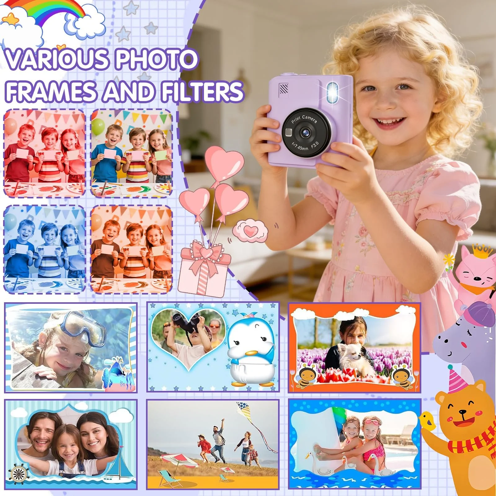 Детская фотокамера мгновенной печати 1080P HD 2.4 дюйма Screen 32GB 6 рулонов бумаги для печати, фото №4