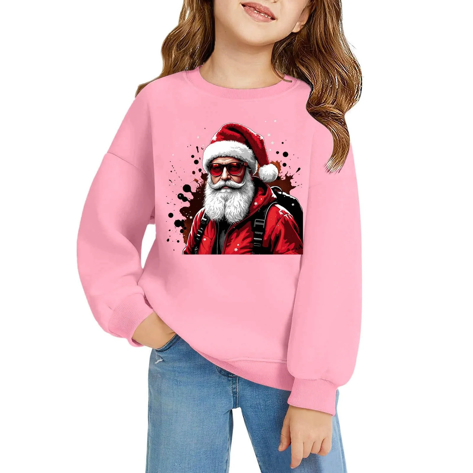 Пуловер для девочки с принтом, круглым вырезом и карманом, длинные рукава, теплый зимний, мягкая повседневная одежда, размер 140, фото №2