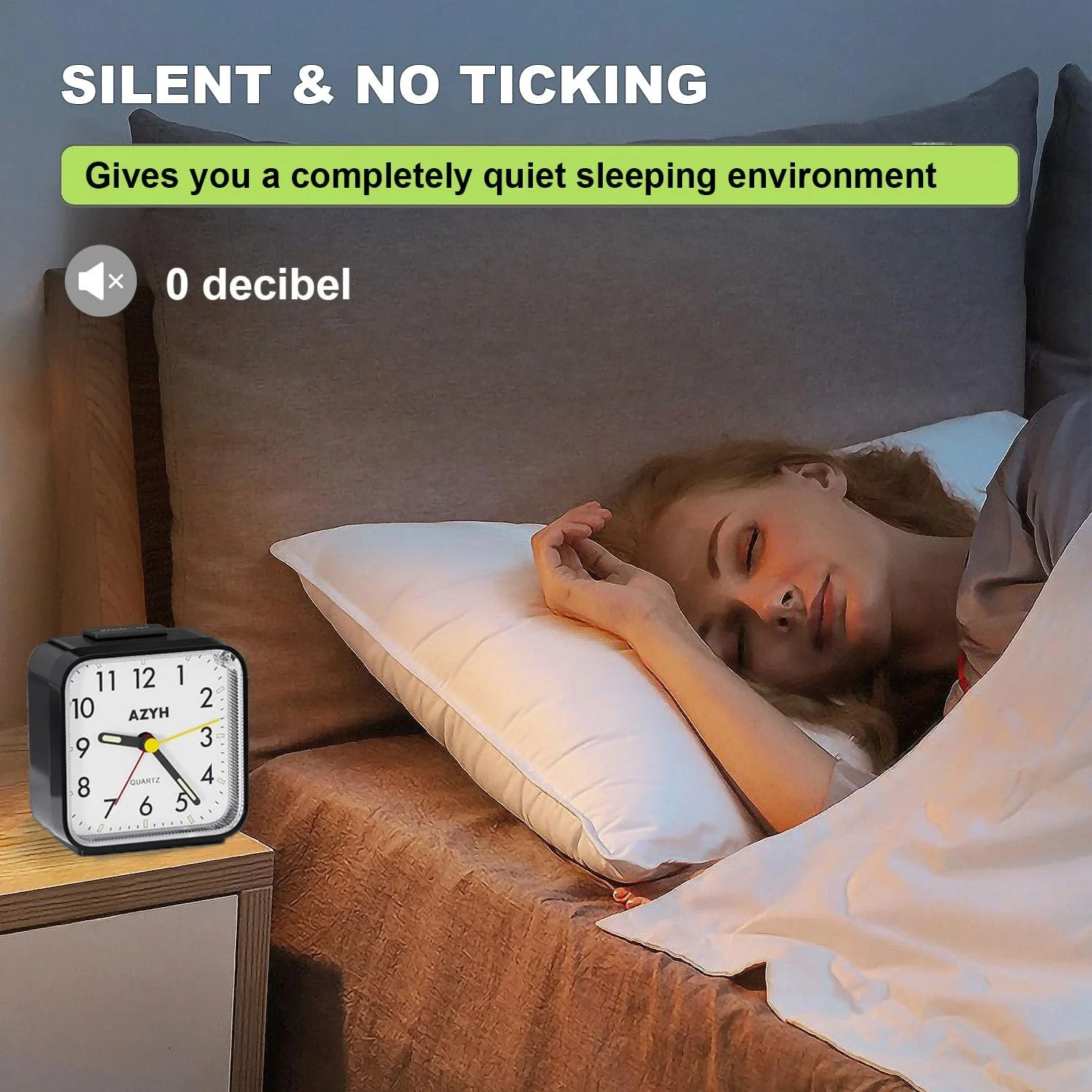 Аналоговий будильник Azyh Безшумний з підсвіткою, функція повтору, фото №5