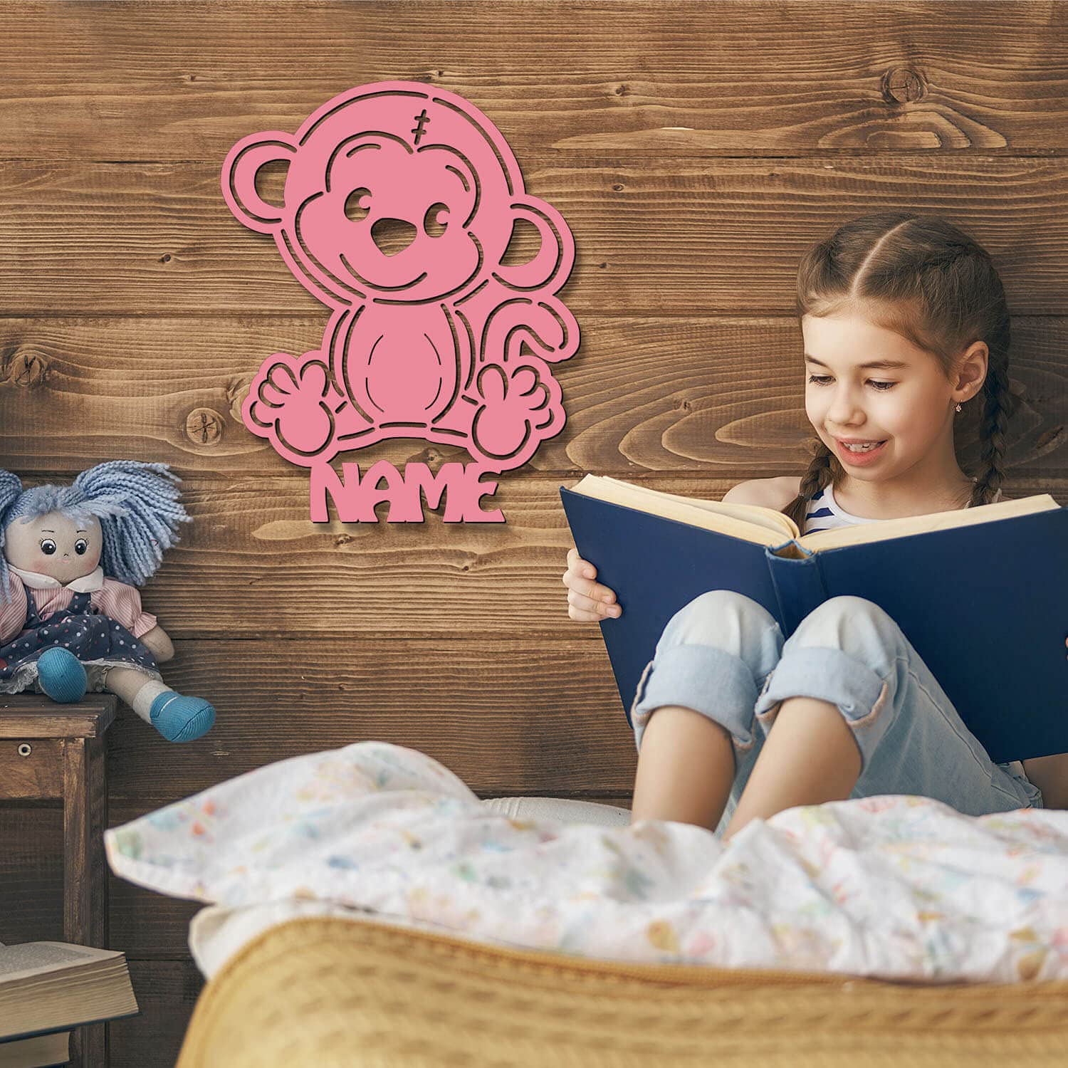 Настенная лампа Monkey цвет меняющаяся ночник подарки для детей с именем с функцией сна деревянное украшение USB + пульт управления, фото №3