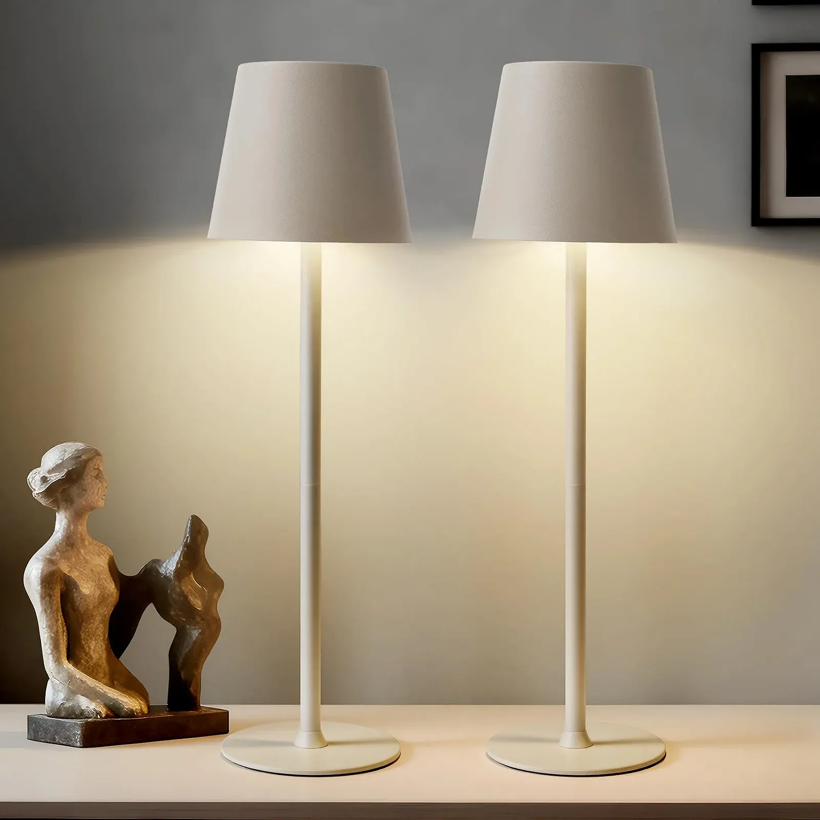 Настільна лампа акумуляторна 2 шт. LED бездротова 3 колірні температури димування 24 см / 37,5 см Бежева, фото №1