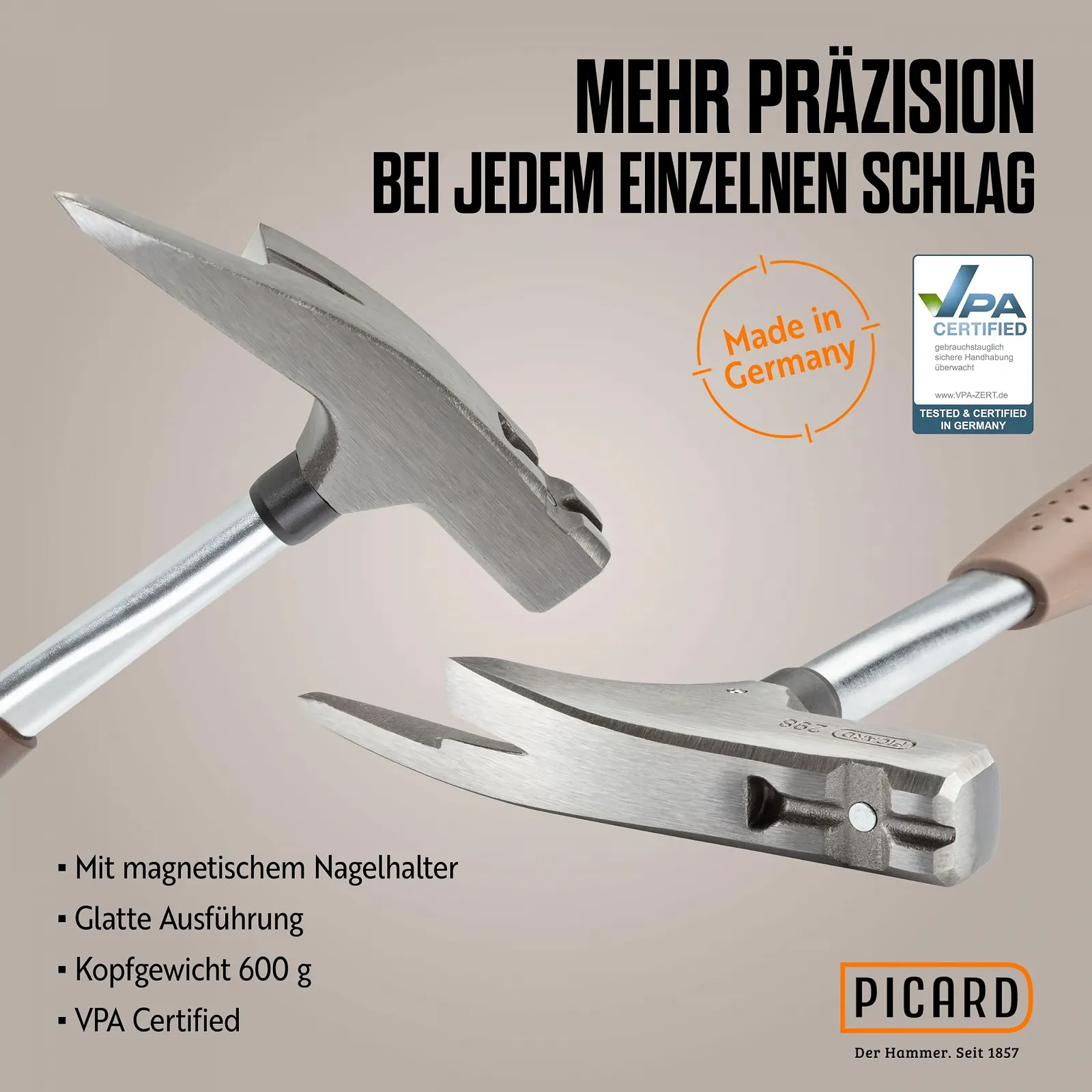 Молоток кровельщика PICARD No. 298 + Mini BlackGiant® + стикер 600 г гладкий боек магнитный держатель гвоздей трубчатая рукоятка из хромомолибденовой стали, фото №3 Молоток кровельщика PICARD No. 298 + Mini BlackGiant® + стикер 600 г гладкий боек магнитный держатель гвоздей трубчатая рукоятка из хромомолибденовой стали, фото №3