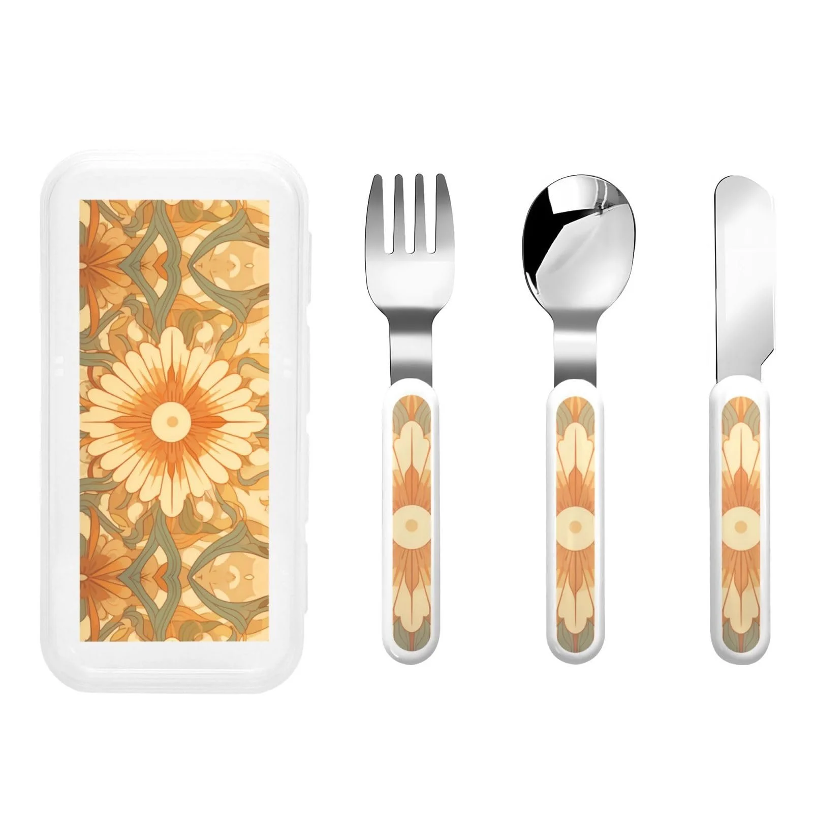 Набір дитячих столових приборів з малюнком соняшників, три предмети, фото №1 Набір дитячих столових приборів з малюнком соняшників, три предмети, фото №1