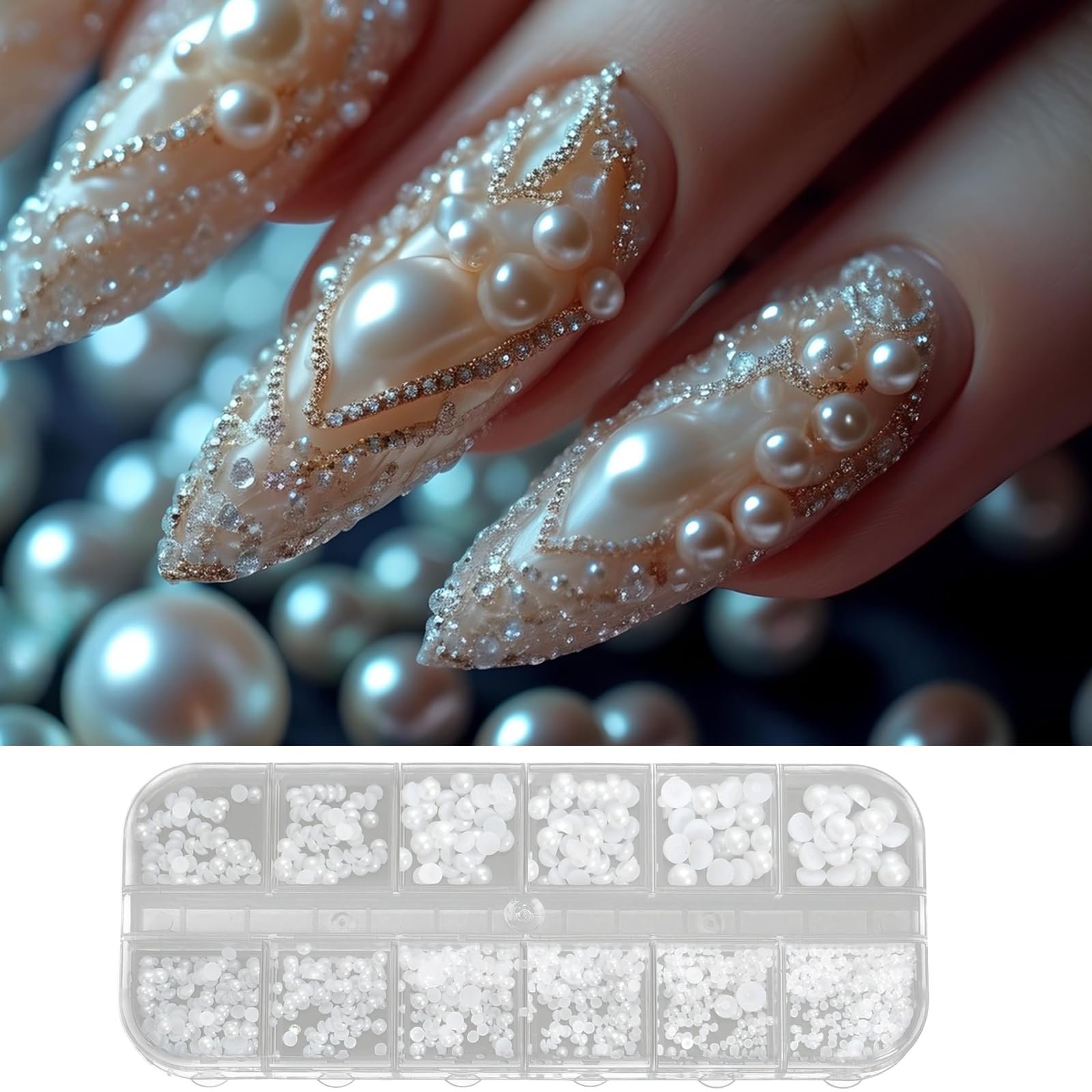 Полукруглые жемчужины для ногтей 6 размеров, белые бусины из нержавеющей стали с пинцетом (1 коробка/12 отделений), фото №3 Полукруглые жемчужины для ногтей 6 размеров, белые бусины из нержавеющей стали с пинцетом (1 коробка/12 отделений), фото №3