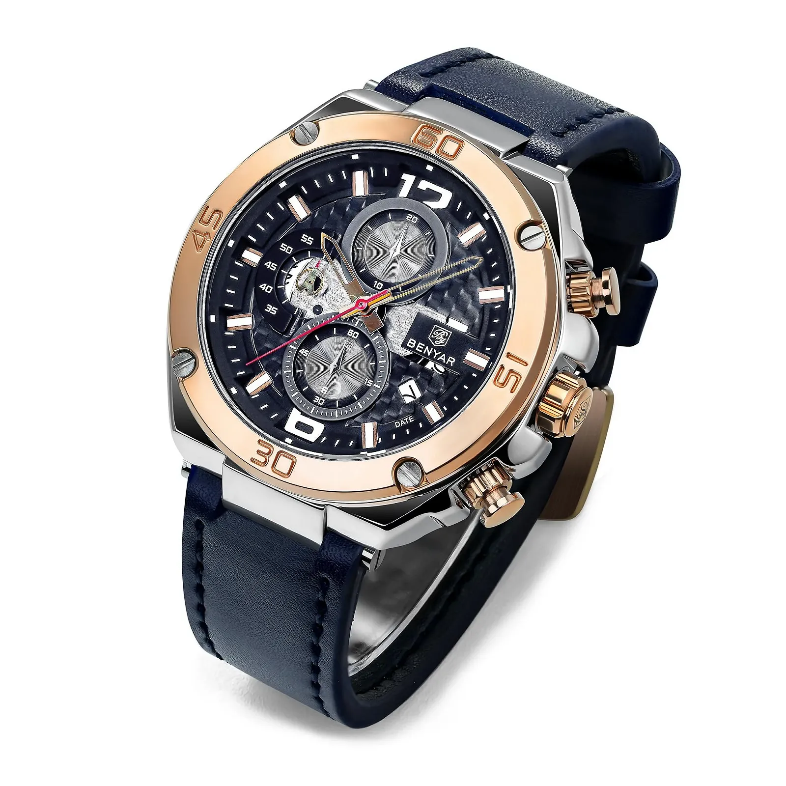 Часы BENYAR Мужские Часы Хронограф Мужские Золотой/Серебряный/Синий/Черный Кожаный Ремешок/Нержавеющая Сталь Кварц, фото №3 Часы BENYAR Мужские Часы Хронограф Мужские Золотой/Серебряный/Синий/Черный Кожаный Ремешок/Нержавеющая Сталь Кварц, фото №3