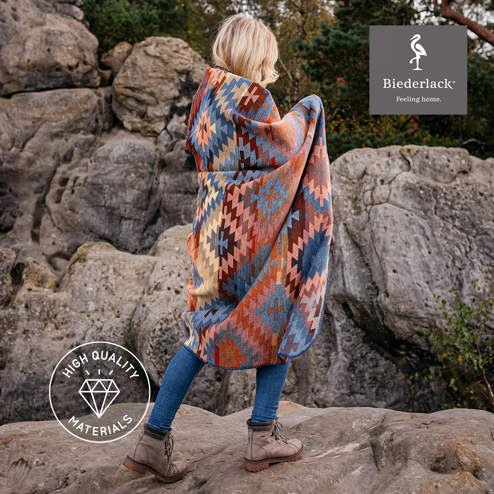 Одеяло Biederlack Fluffy Cuddly 'Navajo' I Этническое одеяло Сине-оранжевое I 150 x 200 см, фото №4