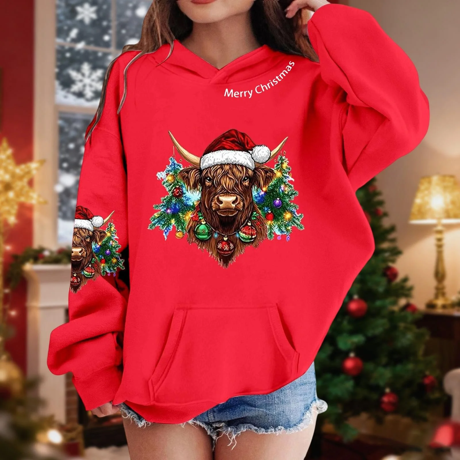 Худі Різдвяний Принт Довгий рукав Вільний крій Фліс, фото №3