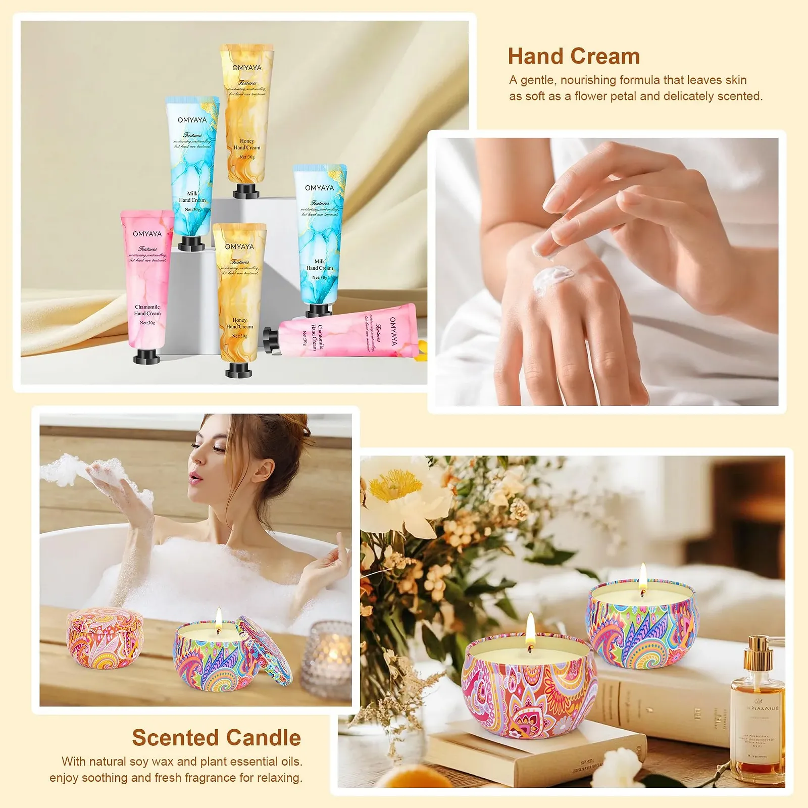 Крем для рук, подарочный набор для женщин, рождественский подарочный набор, рождественские подарки для мамы, подруги и сестры, включает 2 ароматические свечи для снятия стресса, 6 кремов для рук для ухода за руками, фото №6