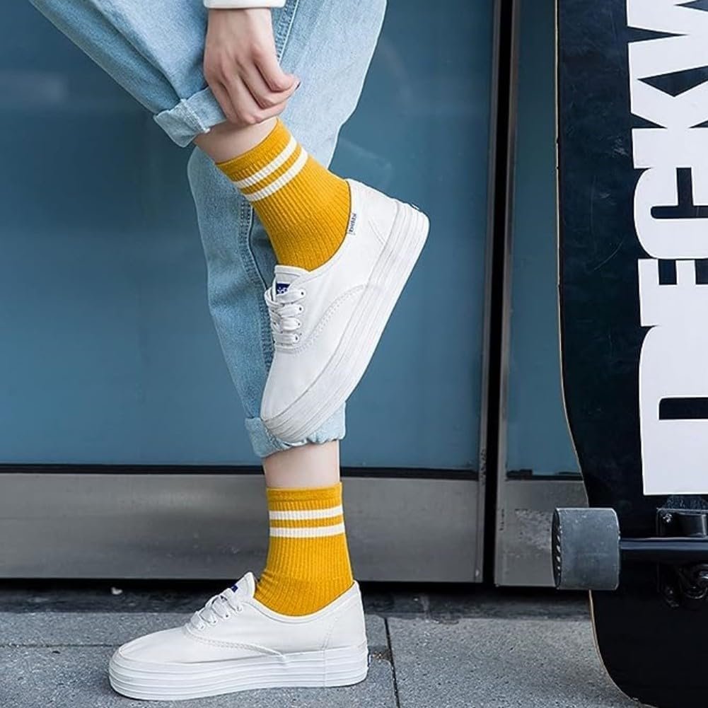 Носки AKAMAS Полосатые Женские 6 пар, Дышащие Хлопковые Носки, Спортивные Носки, Винтажные Ретро Повседневные Носки, Цветные Полосатые Теннисные Носки для Девочек, Женские Носки с Двойными Полосками, разноцветные, 35, фото №6