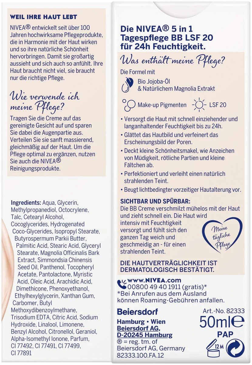 Денний крем NIVEA BB 5-in-1 24h Moisture Light Skin Type SPF 20 50 мл, фото №2 Денний крем NIVEA BB 5-in-1 24h Moisture Light Skin Type SPF 20 50 мл, фото №2