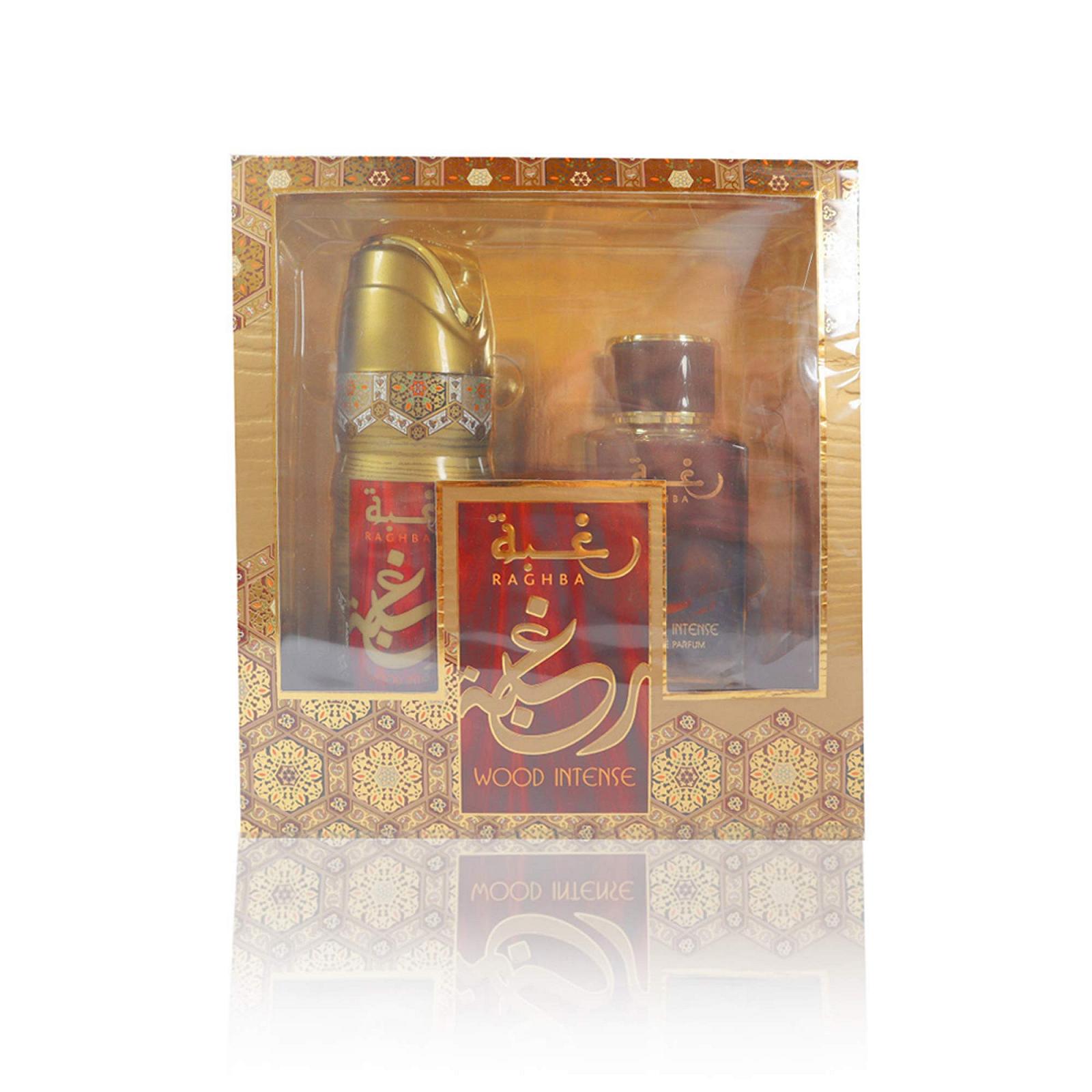 Подарунковий набір Parfum Raghba Wood Intense 100 мл парфумована вода 200 мл дезодорант cпрей парфумований спрей унісекс парфуми з ароматом уда й мускусу, фото №1