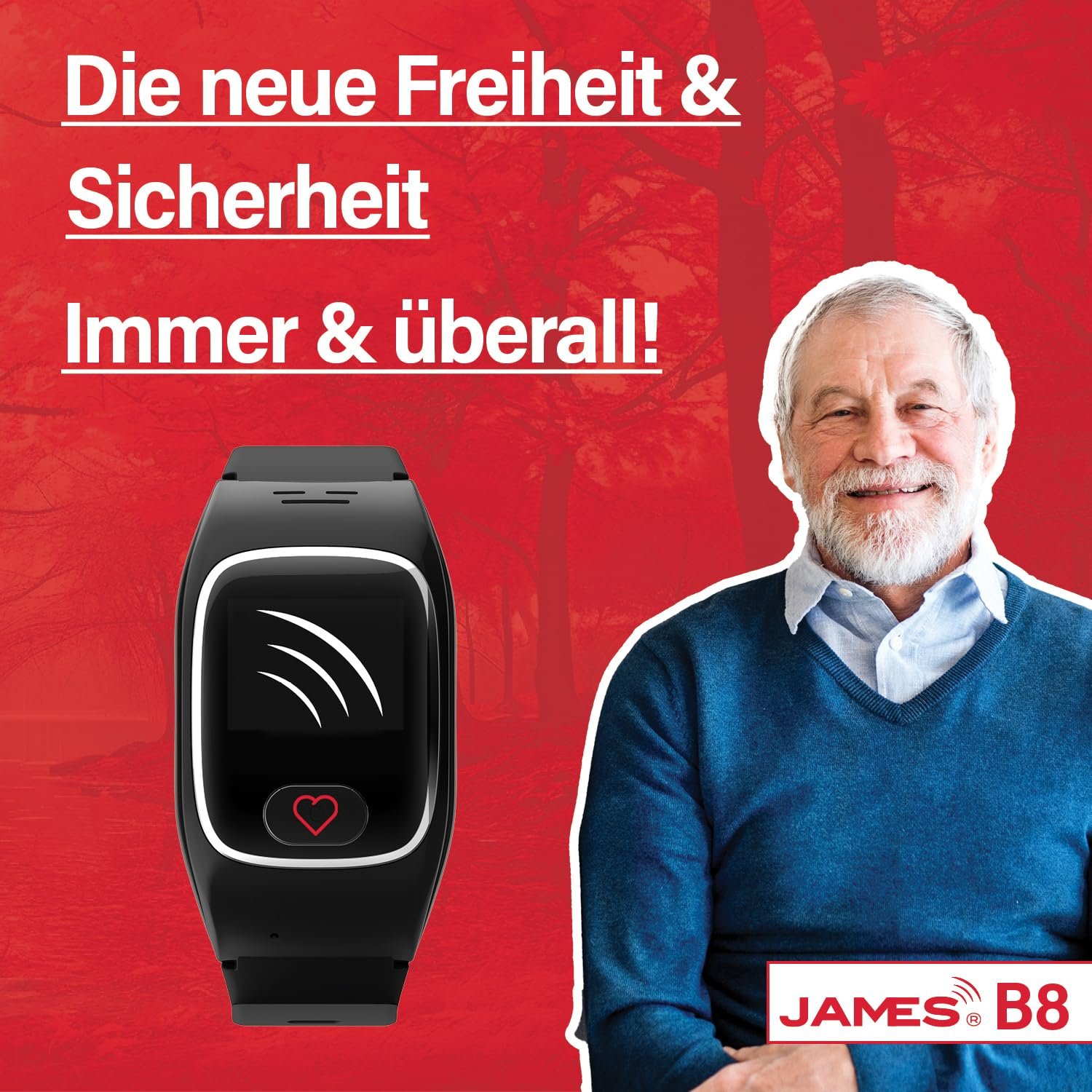 Годинник Emergency and Safety James B6 для літніх людей, виявлення падінь, кнопка екстреного виклику, GPS-трекінг, функції здоров'я (наприклад, пульс), додаток для сім'ї, SIM-карта в комплекті, чорний, B8, фото №2