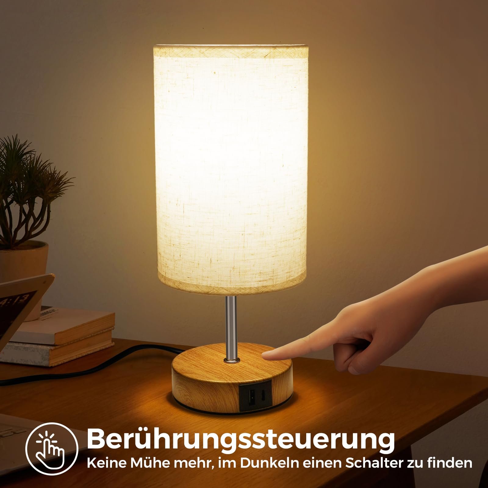 Настільна лампа Suright Bedside Lamp Touch Dimmable USB A+C Wooden Base LED Bulb Linen, фото №3