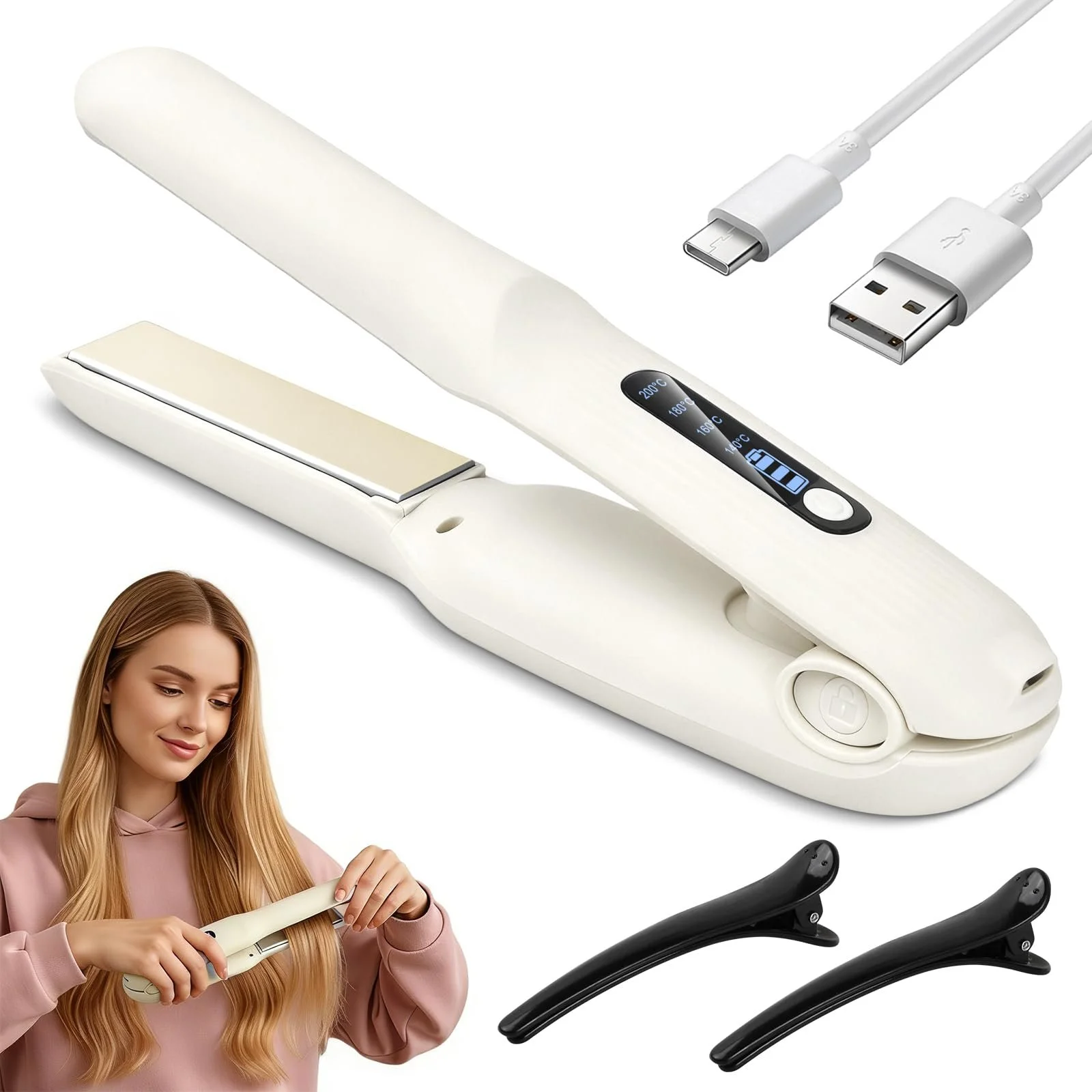 Выпрямитель для волос Wireless 2 in 1 USB 4000 mAh 4 уровня температуры 140-200°C LED дисплей керамический портативный, фото №1 Выпрямитель для волос Wireless 2 in 1 USB 4000 mAh 4 уровня температуры 140-200°C LED дисплей керамический портативный, фото №1