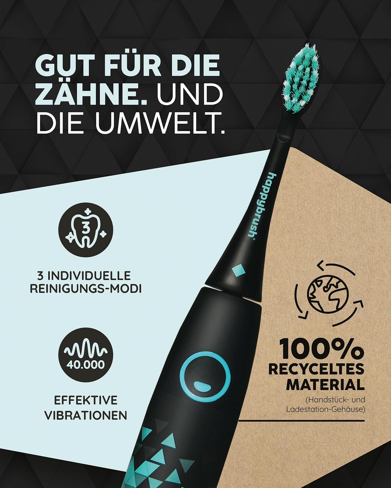 Електрична звукова зубна щітка happybrush Eco VIBE 3 набір з насадкою Чорна-М'ята, фото №5
