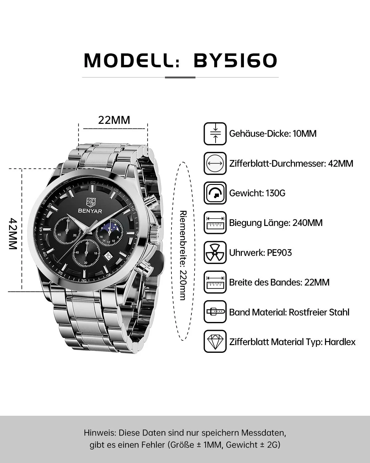 Чоловічий годинник Benyar Хронограф Водонепроникний Шкіряний Ремінець / Нержавіюча Сталь, фото №8