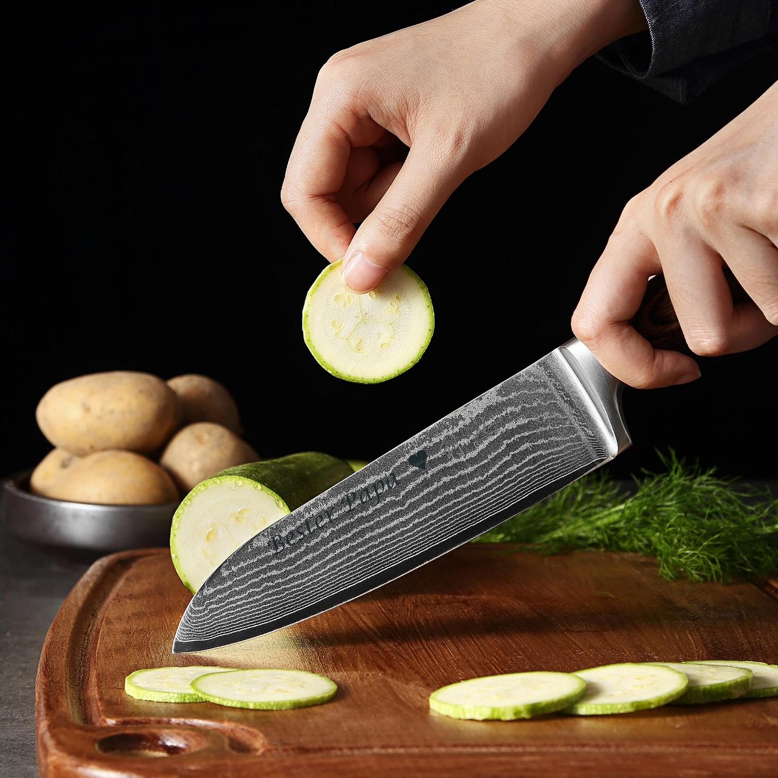 Набір ножів Santoku Wakoli Edib Damascus, великий та малий (17 см / 12 см), 67 шарів дамаської сталі (серцевина VG10), руків'я з дерева Pakka, у подарунковій коробці, фото №5