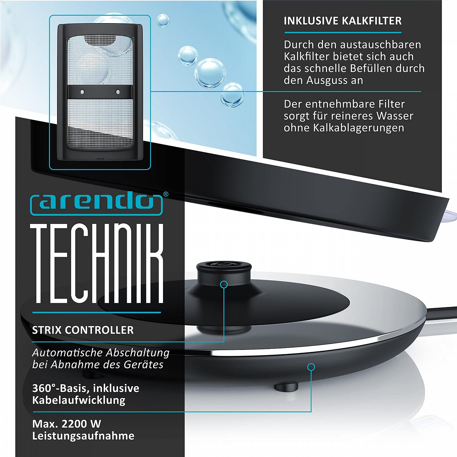 Електрочайник Arendo 2200 Вт 1,7 л Чорний, фото №2 Електрочайник Arendo 2200 Вт 1,7 л Чорний, фото №2
