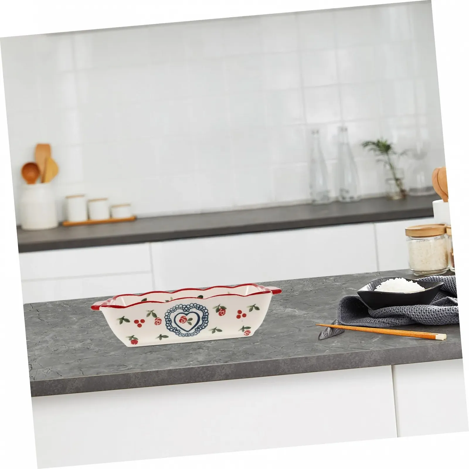 Форма для запекания керамическая прямоугольная с двумя ручками жаропрочная гладкая для микроволновой печи и морозильной камеры, фото №3