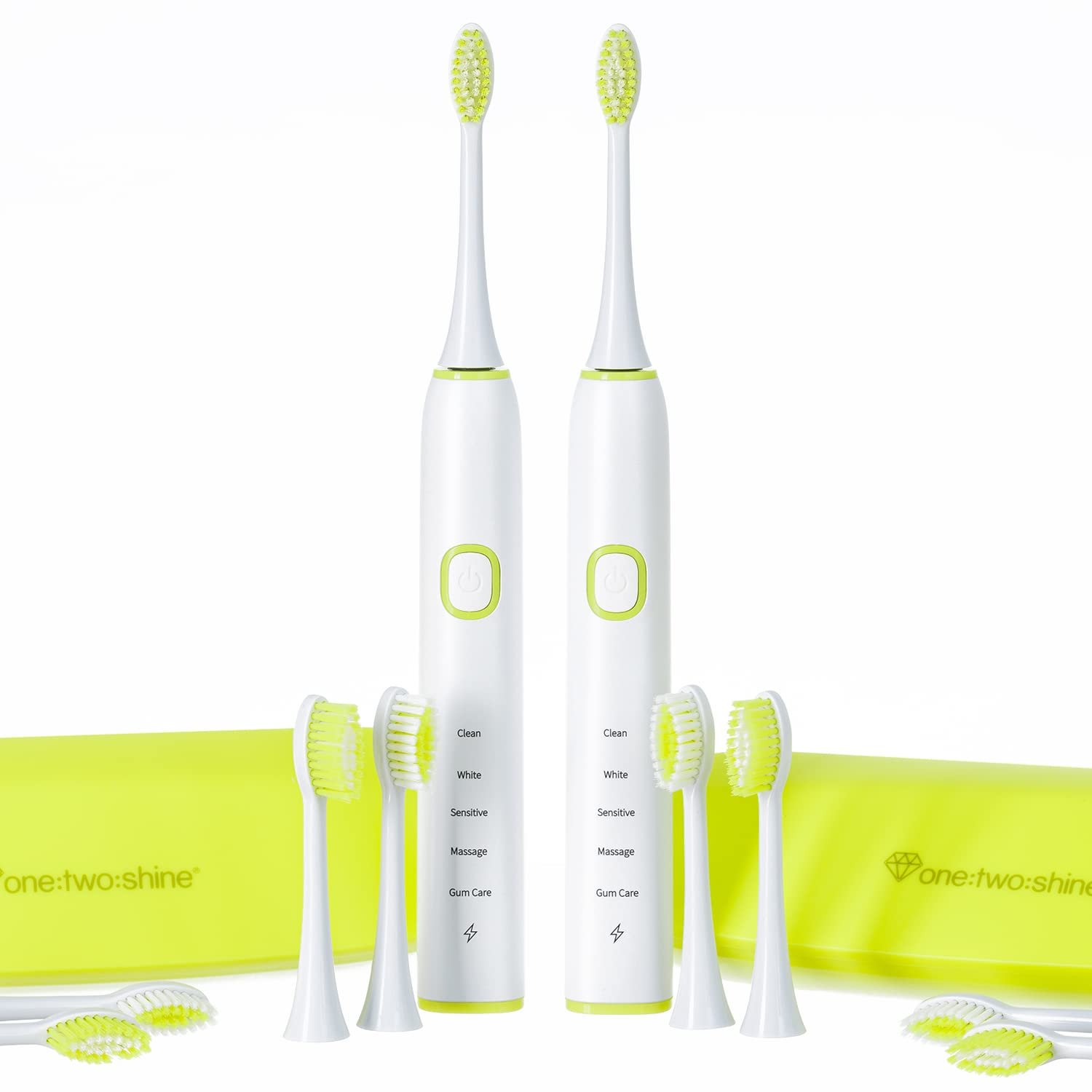 Електрична звукова зубна щітка ONE:TWO:SHINE Twin Pack ONE набір із 2 щіток, 8 змінних насадок, 2 очищувачі язика, 2 дорожні футляри, 2 зарядні станції, 2 блоки живлення, фото №1