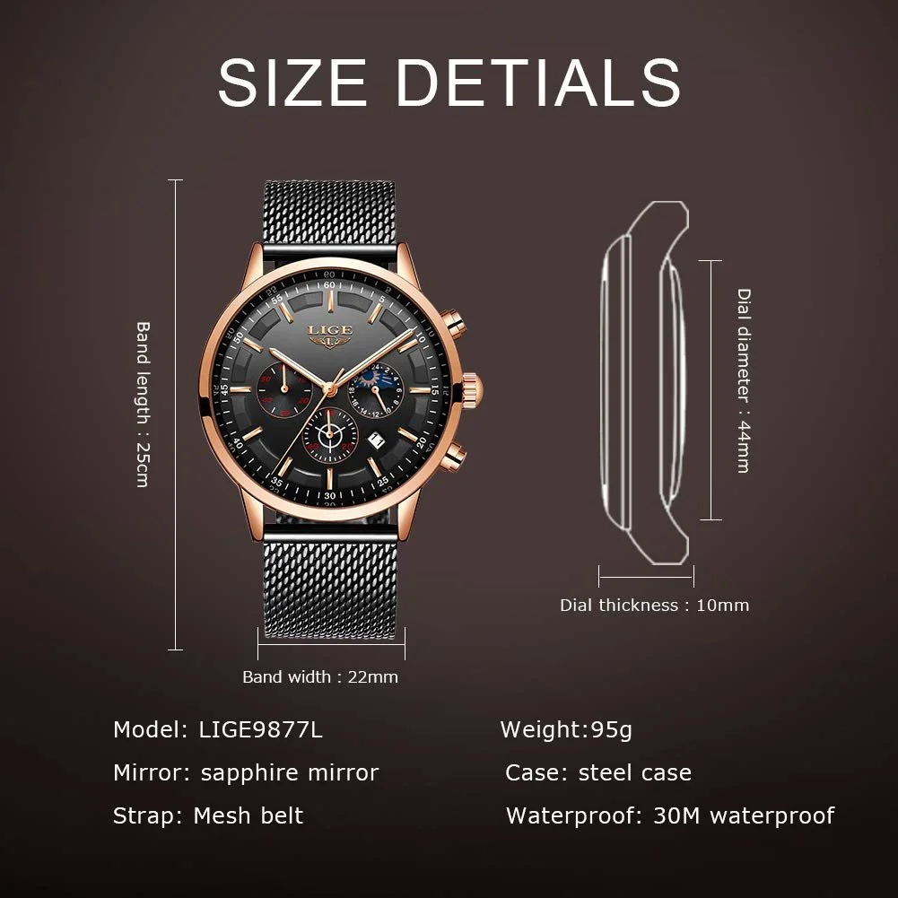 Часы LIGE Мужские Аналоговые Кварцевые Водонепроницаемые Черные Золотые, фото №7 Часы LIGE Мужские Аналоговые Кварцевые Водонепроницаемые Черные Золотые, фото №7