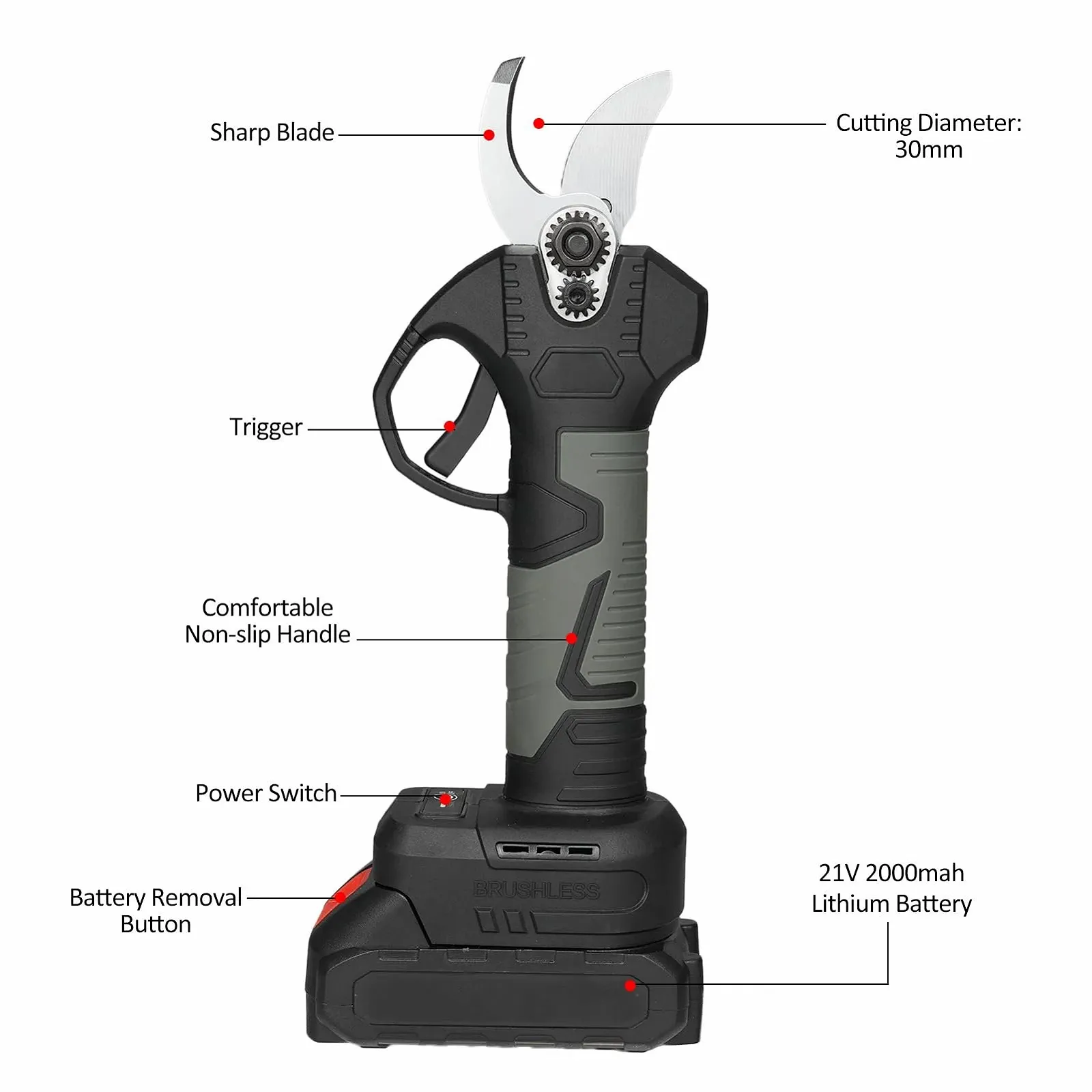 Портативні електричні секатори 21V з сумкою для перенесення, акумуляторною літієвою батареєю 2000mAh та зарядним пристроєм, кущоріз, секатори, діаметр різання 30мм, фото №2