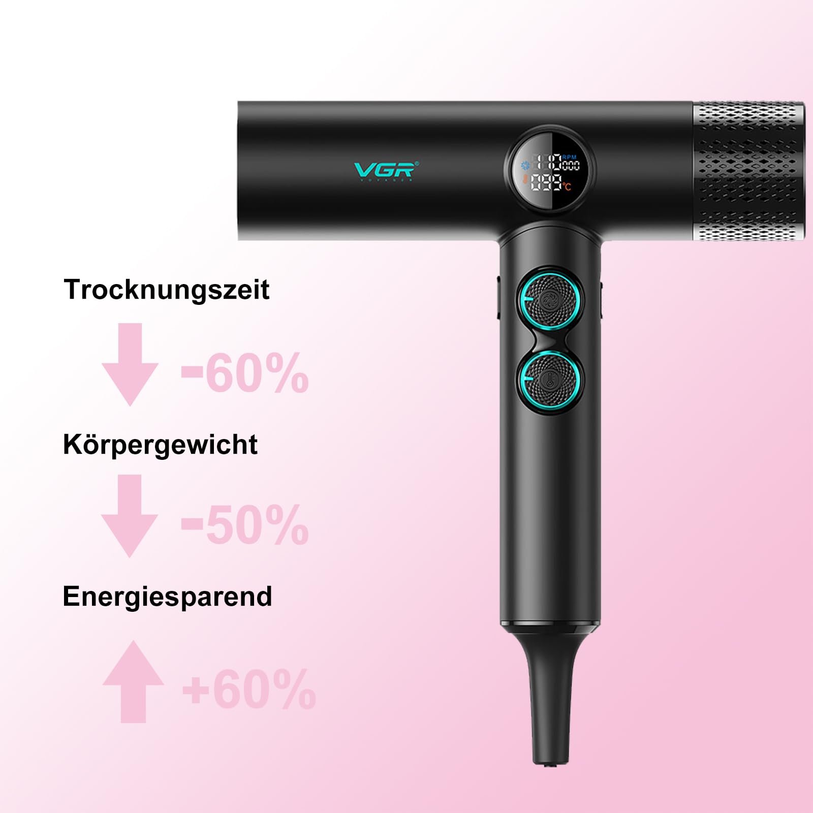 Фен VGR 401 с отрицательными ионами, профессиональный BLDC мотор, LED дисплей, регулировка температуры и скорости, магнитный диффузор и 2 насадки, черный, фото №7