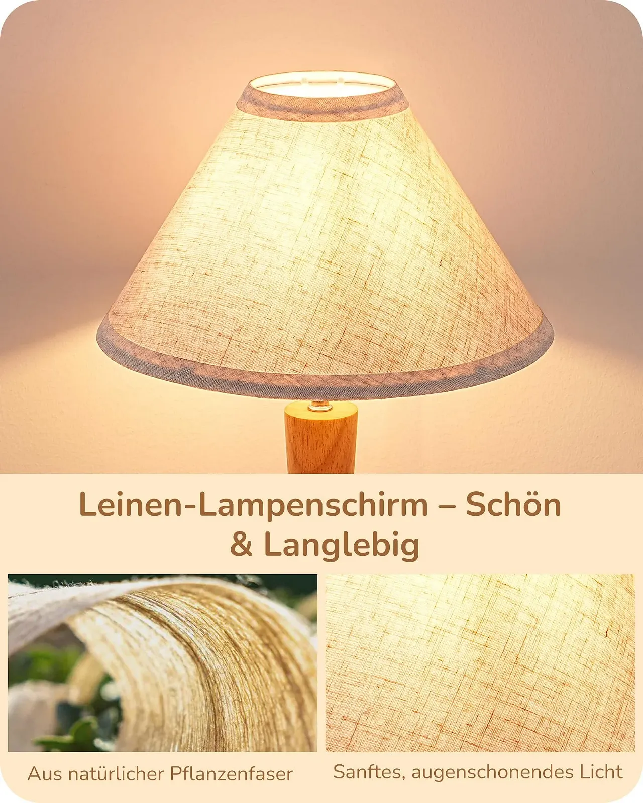 Настільна лампа EDISHINE Wooden 2700 K вінтажна, дерев'яна з лляним абажуром, цоколь E27, 34 см, з лампою 4 Вт., фото №3