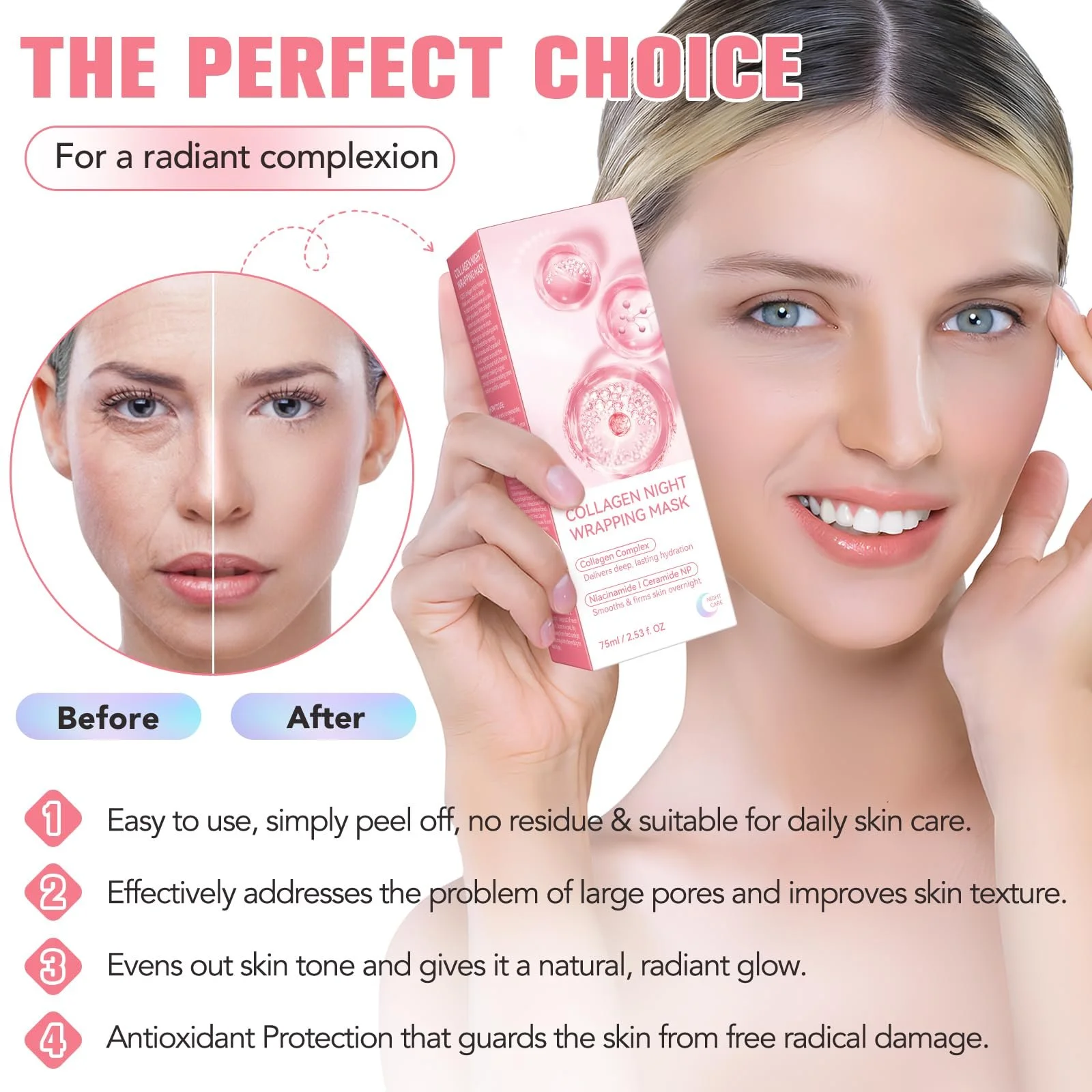 Нічна маска для обличчя Collagen, 75 мл, органічна колагенова маска для обличчя, антивікова, глибоке зволоження, фото №3