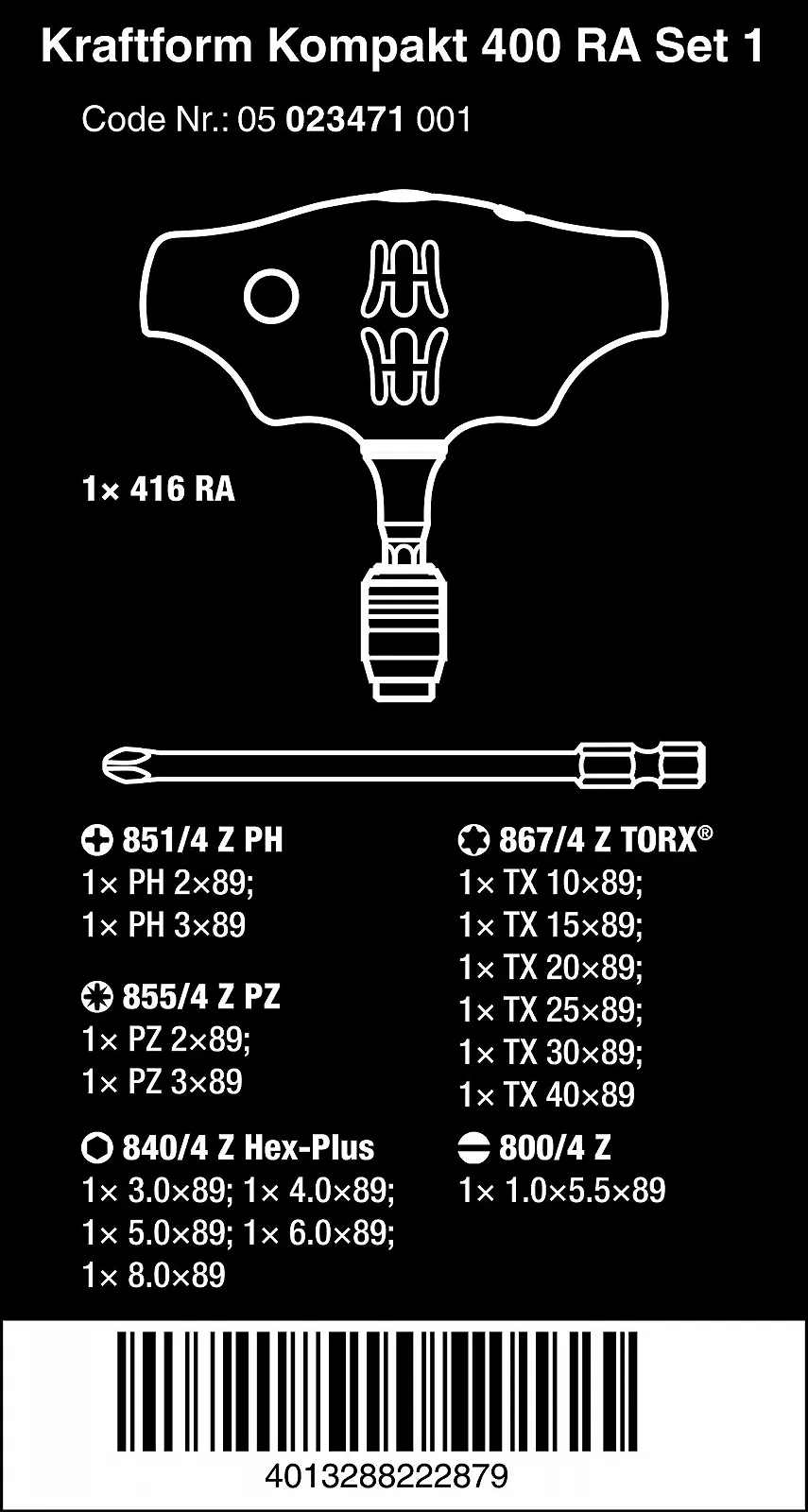Набір викрутковий Wera Kraftform Kompakt 400 RA Set 1 05023471001 з Т-подібною ручкою та тріскачкою 17 предметів, фото №2