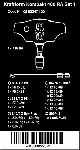 Набір викрутковий Wera Kraftform Kompakt 400 RA Set 1 05023471001 з Т-подібною ручкою та тріскачкою 17 предметів synthetic.ua - Фото 1