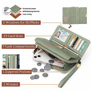 Кошелек SENDEFN Большой кожаный женский кошелек длинный двойная молния RFID защита отделение для монет много отделений BC Mint Green synthetic.ua - Фото 1