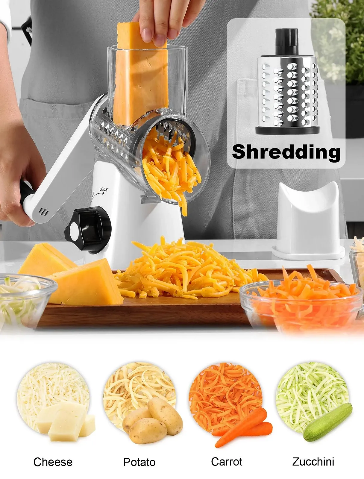 Тертка GDL з ручкою, Овочерізка з 3 змінними барабанними лезами, фото №3