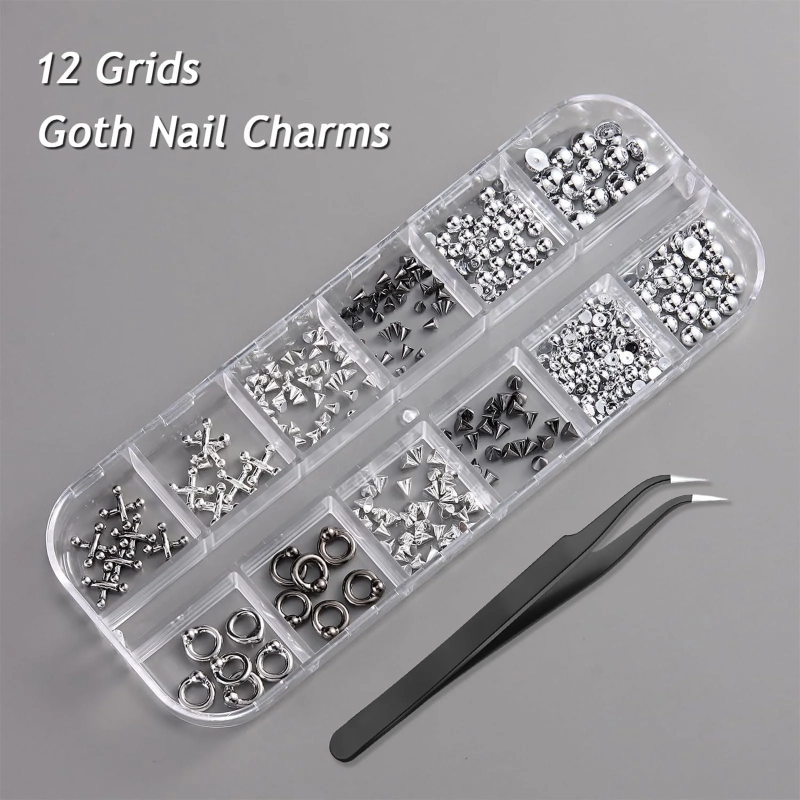 Набор украшений для ногтей Goth 3D треугольники, шипы, заклепки, бисер, пирсинг Y2K, фото №2 Набор украшений для ногтей Goth 3D треугольники, шипы, заклепки, бисер, пирсинг Y2K, фото №2
