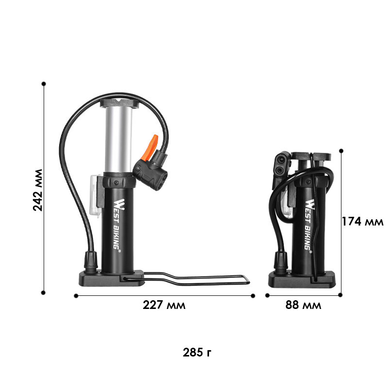 Насос велосипедный ручной West Biking 0711055B 17 х 8.5 см Черный (8017-28123), фото №4