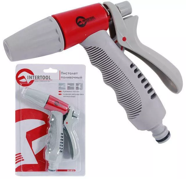Пистолет поливочный Intertool плавная регулировка воды 3 функции GE-0015, фото №1 Пистолет поливочный Intertool плавная регулировка воды 3 функции GE-0015, фото №1