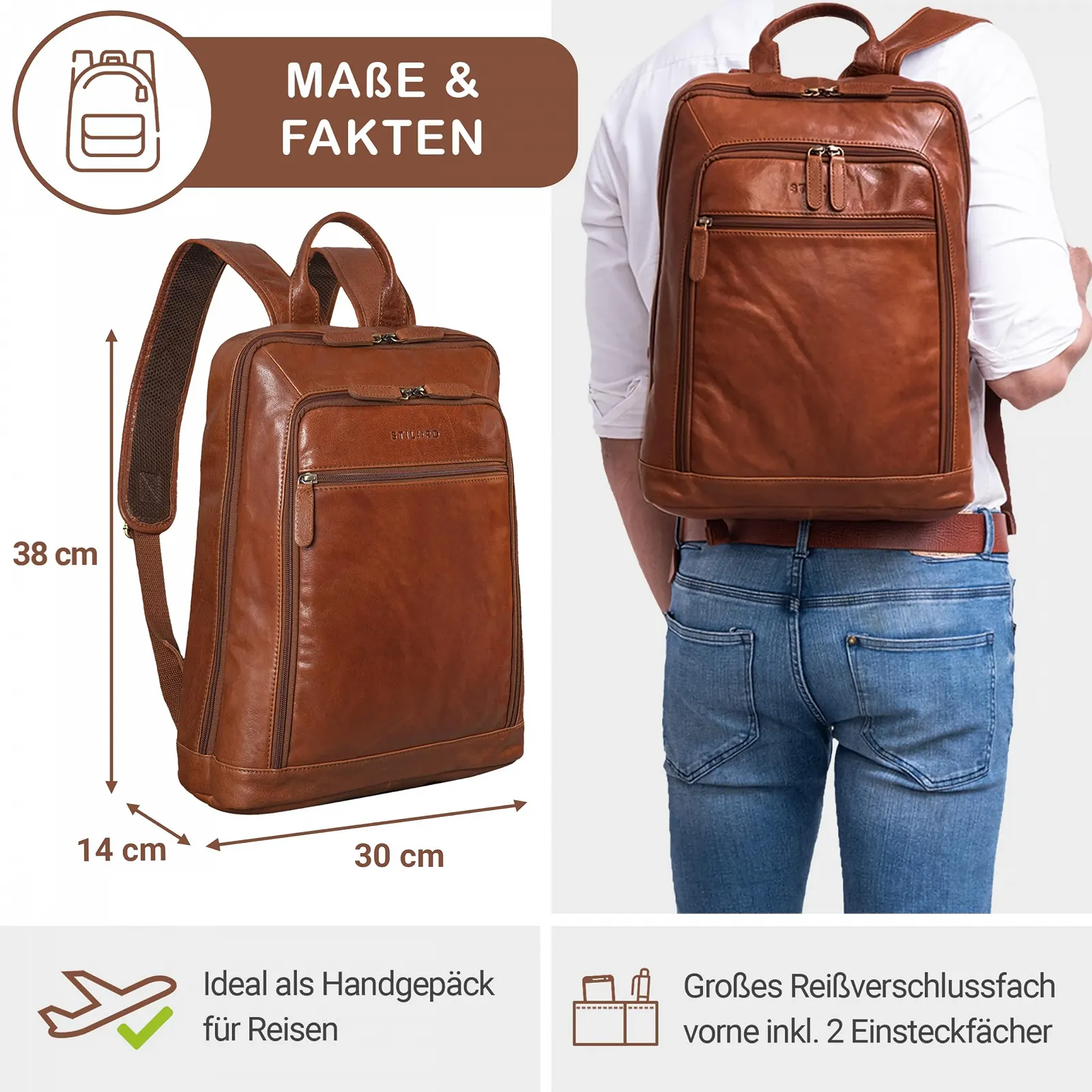Рюкзак для ноутбука STILORD Watson 15.6" Leather XL L Obsidian Black / Maraska Brown, фото №4