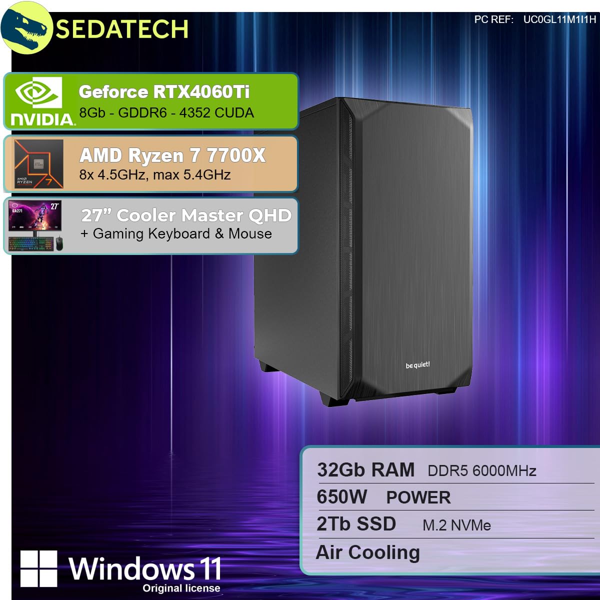 Настільний ПК Sedatech Silent Gaming Package AMD Ryzen 7 7700X RTX4060Ti 32GB DDR5 2TB SSD M.2 Windows 11 Монітор 27 дюймів, фото №2
