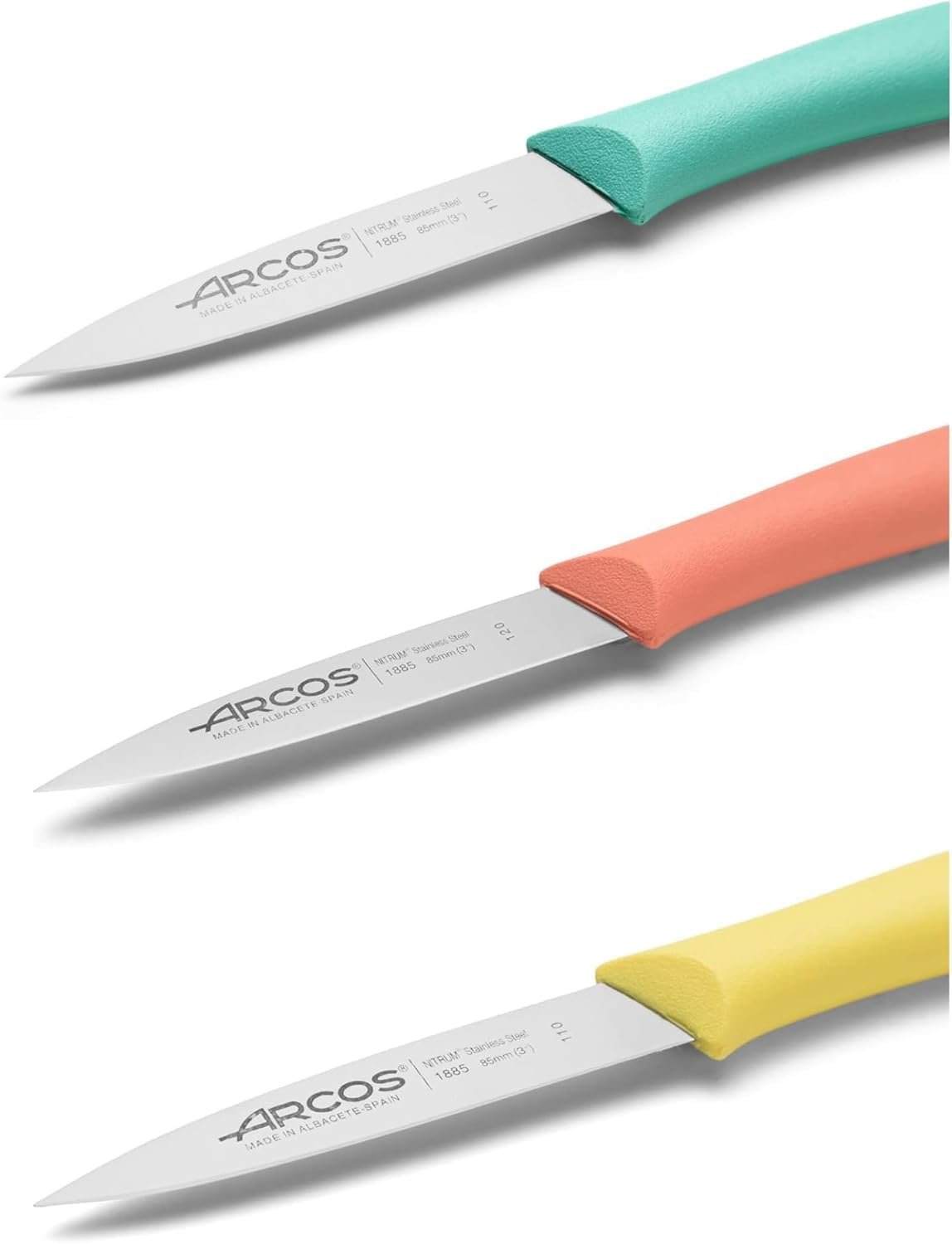 Набор кухонных ножей Arcos Nova Series 3 шт, нож для очистки фруктов и овощей, нержавеющая сталь, эргономичная полипропиленовая рукоятка, оранжевый, желтый, синий, фото №3