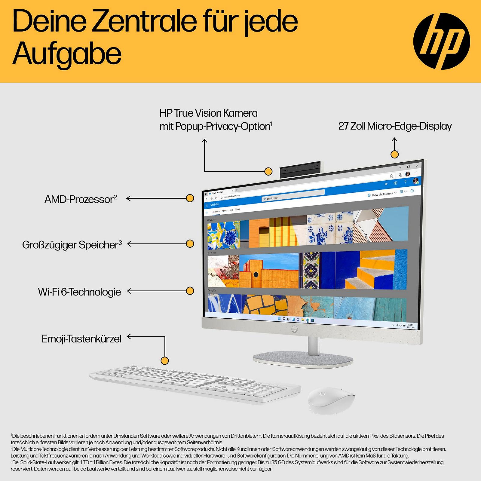 Настільний ПК HP All-in-One 27" FHD AMD Ryzen 5 7520U 16GB DDR5 512GB SSD AMD Radeon Graphics Біла, фото №2
