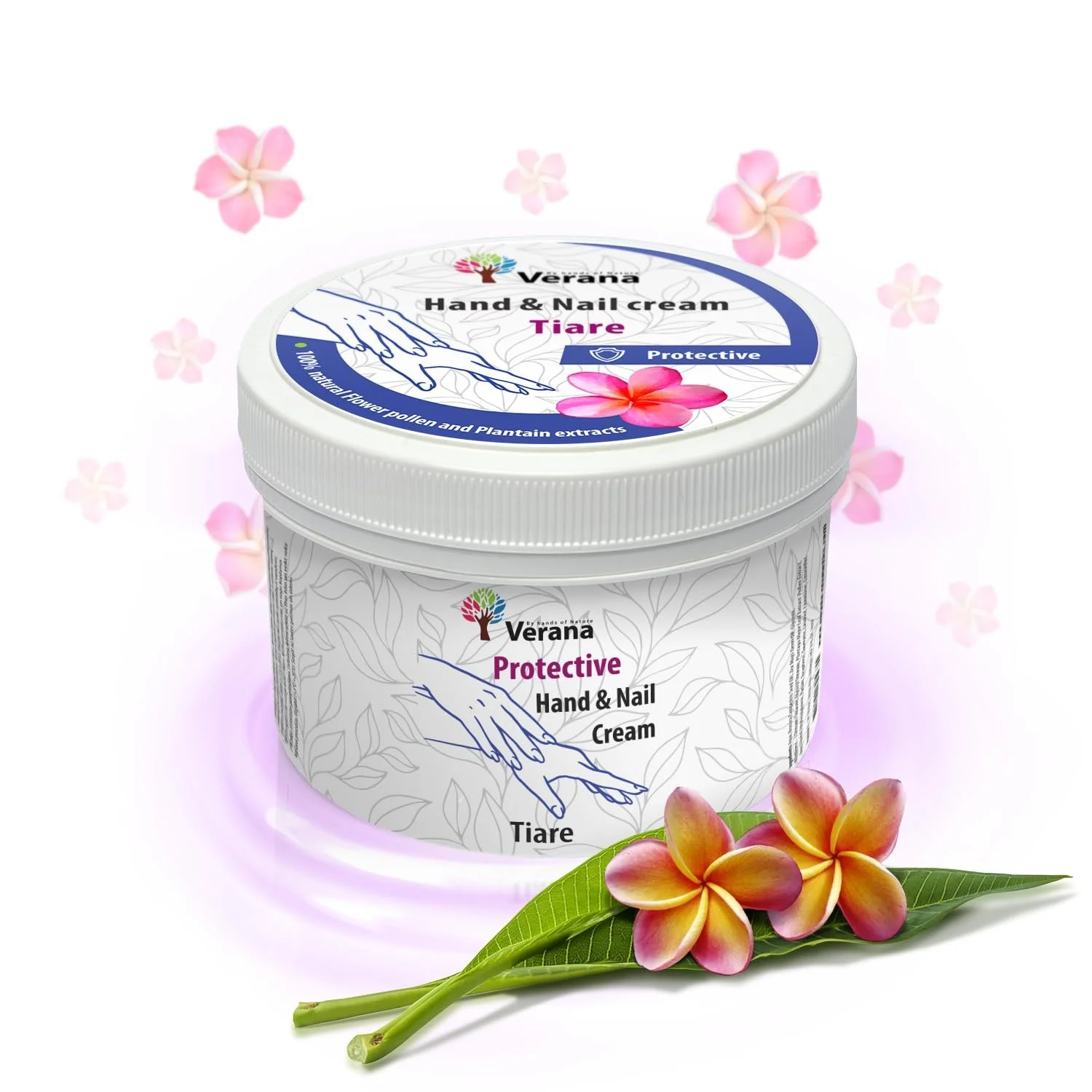 Крем для рук Verana с экстрактами цветочной пыльцы и подорожника увлажняет, питает, защищает кожу рук, укрепляет ногтевую пластину и кутикулу, 200 г (тиаре), фото №1