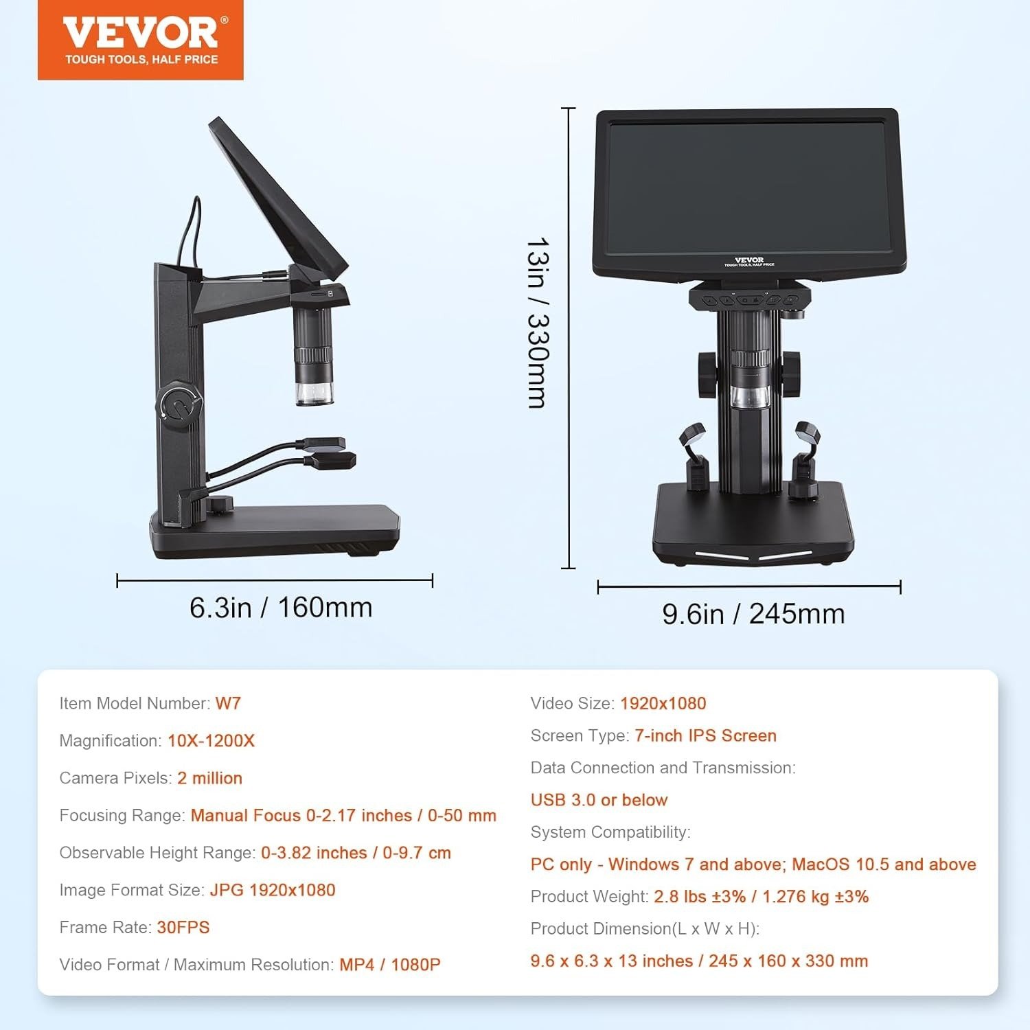 Цифровий РК-мікроскоп VEVOR W7 Full HD USB MicroSD Windows, фото №7