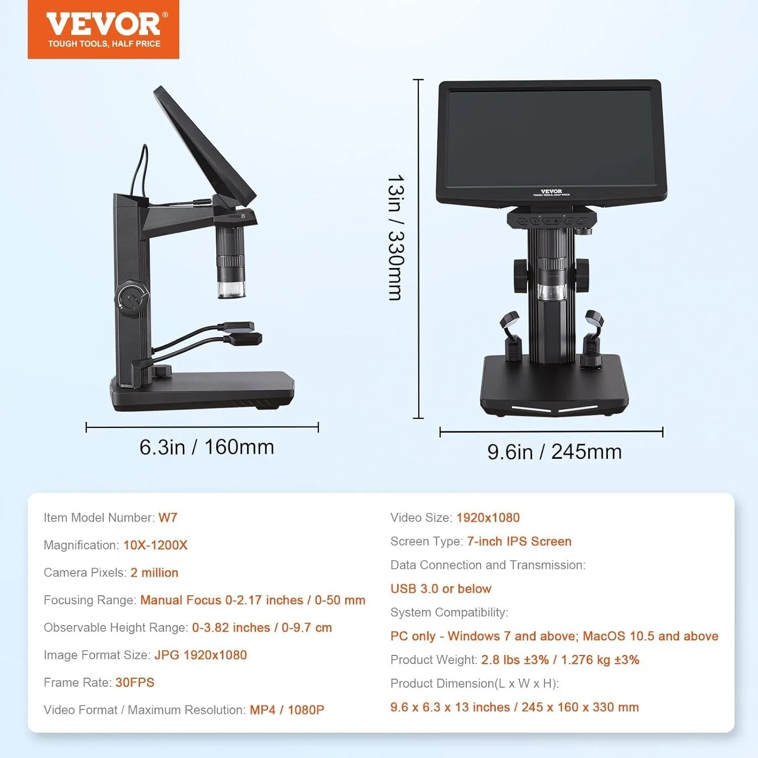 Цифровий РК-мікроскоп VEVOR W7 Full HD USB MicroSD Windows, фото №7