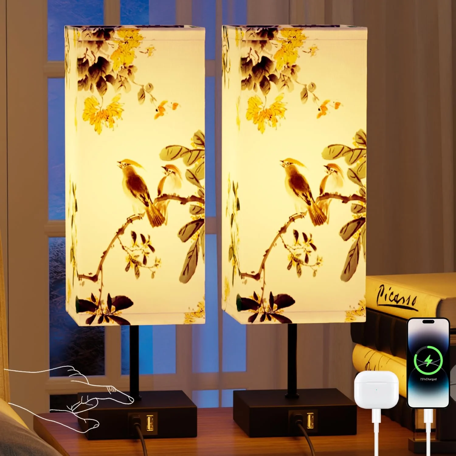 Настольная лампа прикроватная 2 шт тканевый плафон Птица диммер 3 температуры 2 USB порта, фото №1