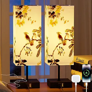 Настольная лампа прикроватная 2 шт тканевый плафон Птица диммер 3 температуры 2 USB порта - Фото 1