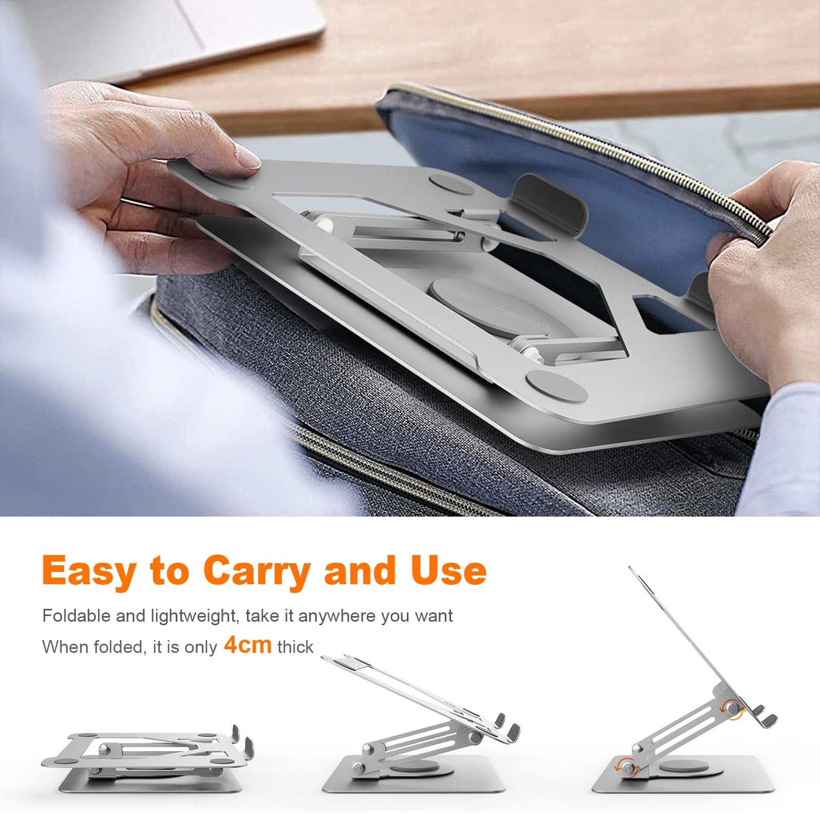 Підставка для ноутбука GRIFEMA, регульована по висоті та складна, основа з обертанням на 360 градусів, стабільна, вентильована та ергономічна, максимальне навантаження 6 кг, сумісна з MacBook Air/Pro, Dell, ноутбуками 11-17 дюймів, срібляста, фото №6