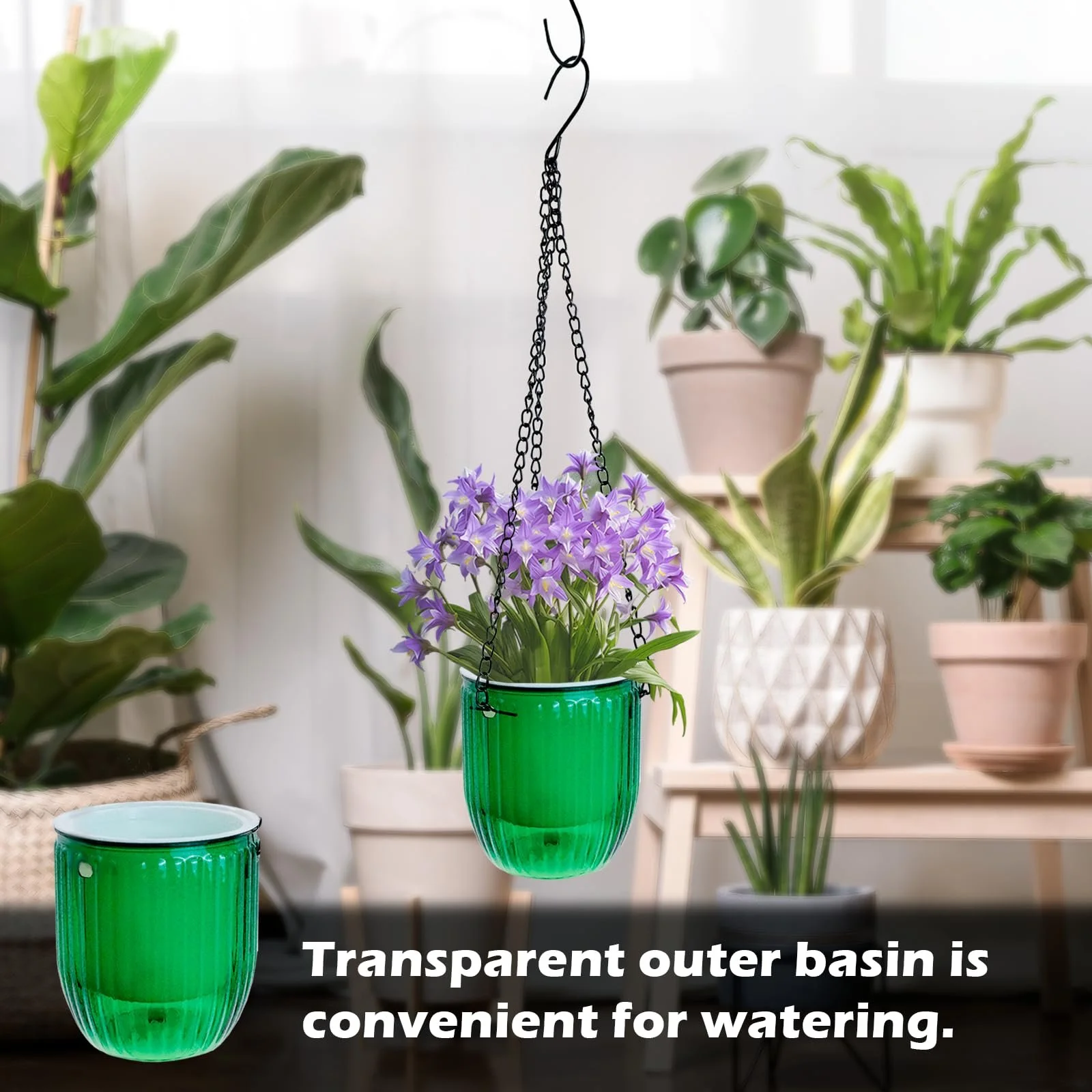 Подвесной вазон для цветов Pack of 2 с дренажным отверстием, металлической цепью и S-образными крючками Прозрачный зеленый, фото №6