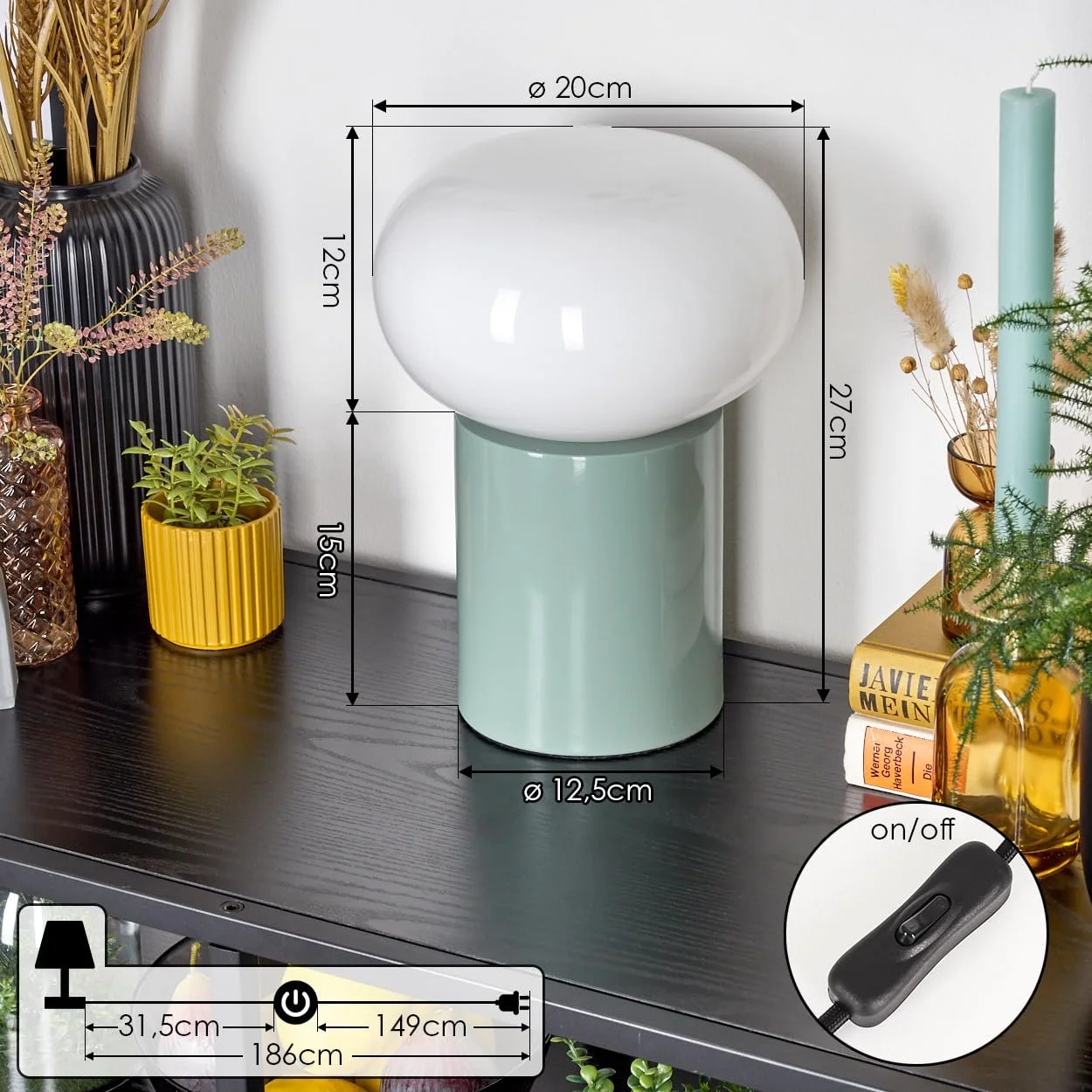 Настільна лампа Tati сучасна метал/скло ретро/вінтаж 20 см висота 27 см вимикач на кабелі 1 x E27 бірюзова/біла, фото №5