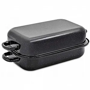 Гусятница эмалированная с крышкой 35 x 24 см 5 л для индукции черная - Фото 1