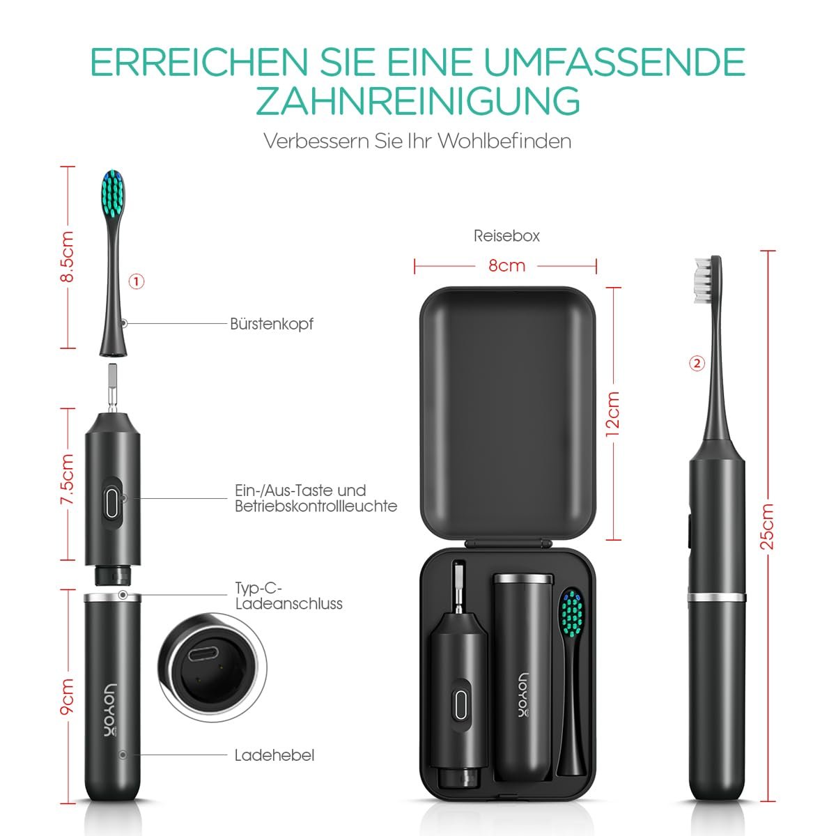 Електрична зубна щітка VOYOR-HEALTH ET410 Звукова акумуляторна портативна 5 режимів з дорожнім футляром Чорна, фото №6